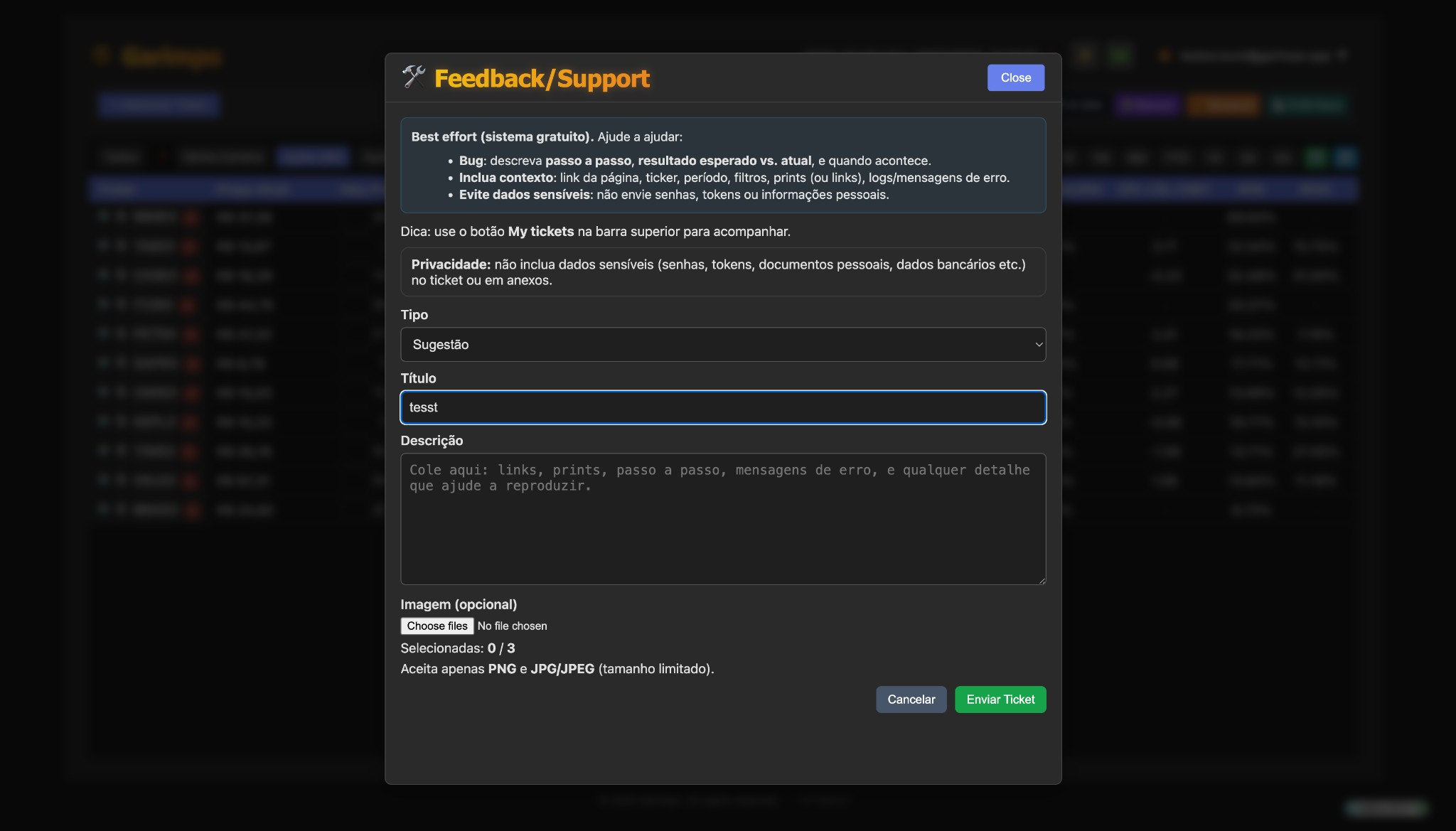 Feedback/Support (Create Ticket)
